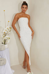 Vivica-Hand Embellished Asymmetric Midi Dress in White