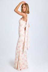 Imogene-Scarf-Detail Strapless Gown in Large Rose Print