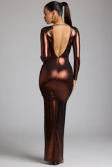 Safiya-Long Sleeve Metallic Jersey Evening Gown in Copper Bronze