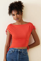 Kaede-Asymmetric Ruched Cowl-Back Crop Top in Scarlet