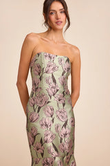 Gowning Around Sage Floral Jacquard Strapless Maxi Dress