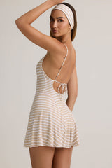 Mansi-Modal Ribbed Tie-Back A-Line Mini Dress in Pink Yellow Stripe