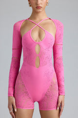 Melody-Embellished Cut-Out Unitard in Bubblegum Pink