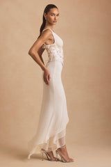 Nathalia-Embellished Plunge Ruffled Corset Maxi Dress in Ivory