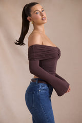 Pavni-Modal-Cashmere Blend Off-Shoulder Ruched Top in Espresso