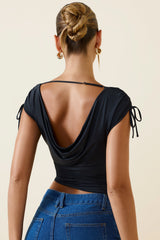 Kaede-Asymmetric Ruched Cowl-Back Crop Top in Black