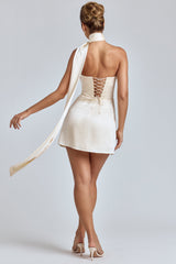 Anastasia-Draped Halterneck Satin Mini Dress in Ivory