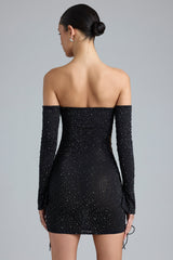 Jade-Embellished Lace-Up Off-Shoulder Mini Dress in Black