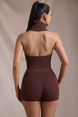 Sakari-Ribbed-Knit Turtleneck Backless Top in Espresso