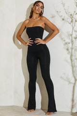 Jamila-Strapless Flared Hem Jumpsuit in Black