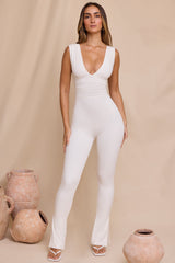 Romana-Plunge Neck Ruched Waist Jumpsuit in White