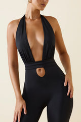 Zenaida-Halterneck Cut-Out Flared Jumpsuit in Black