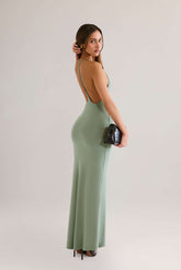 Leire-Modal Plunge Backless Maxi Dress in Sage Green