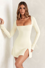 Baize-Square Neck Long Sleeve Mini Dress in Ivory