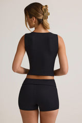 Lisha-Modal Ribbed Mid-Rise Foldover Shorts in Black