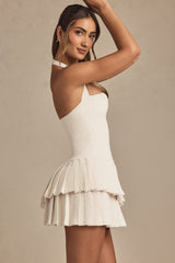 Rosaria-Asymmetric Layered Halterneck Mini Dress in Ivory