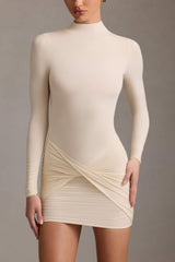 Isolde-Ruched Backless Turtleneck Mini Dress in Ivory