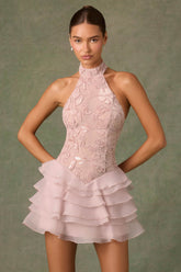 Petalia-Embellished Ruffled Halterneck Mini Dress in Dusty Rose