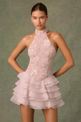 Petalia-Embellished Ruffled Halterneck Mini Dress in Dusty Rose