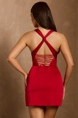 Carlotta-Halterneck Lace-Up A-Line Mini Dress in Scarlet Red
