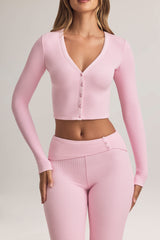 Kiva-Modal Ribbed Cropped Cardigan in Pastel Pink