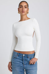 Elli-Modal High Neck Long Sleeve Open Back Top in White