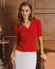Red Knit Half Sleeves Cardigan
