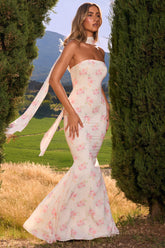 Imogene-Scarf-Detail Strapless Gown in Large Rose Print
