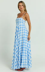 Katrien Maxi Dress - Strappy Empire Waist Flare Dress in Blue Check