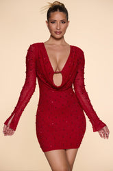 Nice-Long Sleeve Deep Plunge Mini Dress in Red