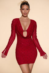 Nice-Long Sleeve Deep Plunge Mini Dress in Red