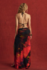 Keona-Mid-Rise Split Maxi Skirt in Red Blurred Print