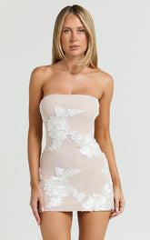 Shelby Mini Dress - Strapless Rosette Bodycon Dress in White