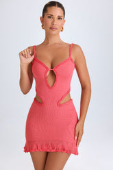 Jovelyn-Ruffle-Appliqué Cut-Out Mini Dress in Coral