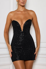 Hibana-Embellished Sweetheart-Neck Mini Dress in Black
