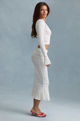 Ylena-Ruffle-Trim Pointelle-Knit Cropped Cardigan in White