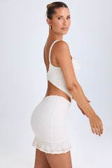 Jovelyn-Ruffle-Appliqué Cut-Out Mini Dress in White