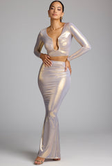 Zahra-Mid Rise Metallic Jersey Gown Skirt in Light Gold