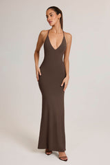 Leire-Modal Plunge Backless Maxi Dress in Chocolate Brown