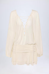 Avalon-Lace-Up Balloon-Sleeve Mini Dress in Ivory