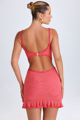 Jovelyn-Ruffle-Appliqué Cut-Out Mini Dress in Coral