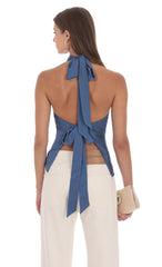 Satin Cowl Neck Top in Denim Blue