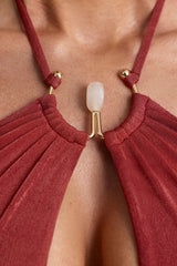 Margot-Hardware Detail Cut-Out Halterneck Maxi Dress in Auburn Brown