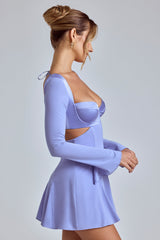 Leotine-Long Sleeve Godet Mini Dress in Blue Lavender