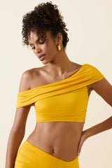 Inga-Asymmetric Ruched Off-Shoulder Crop Top in Golden Yellow