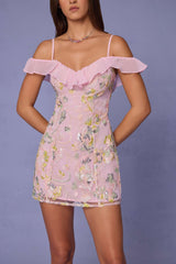 Jacira-Embellished Lace-Up A-Line Mini Dress in Soft Pink