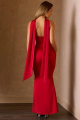 Mandi-Scarf-Detail Strapless Gown in Scarlet Red