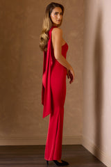 Mandi-Scarf-Detail Strapless Gown in Scarlet Red