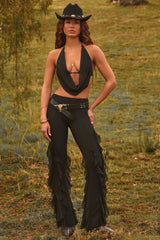 Felicity-Ruffled Mid-Rise Flared Trousers in Black