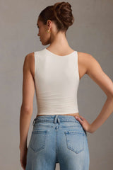 Kirbie-Asymmetric Ruched Tank Top in Vanilla